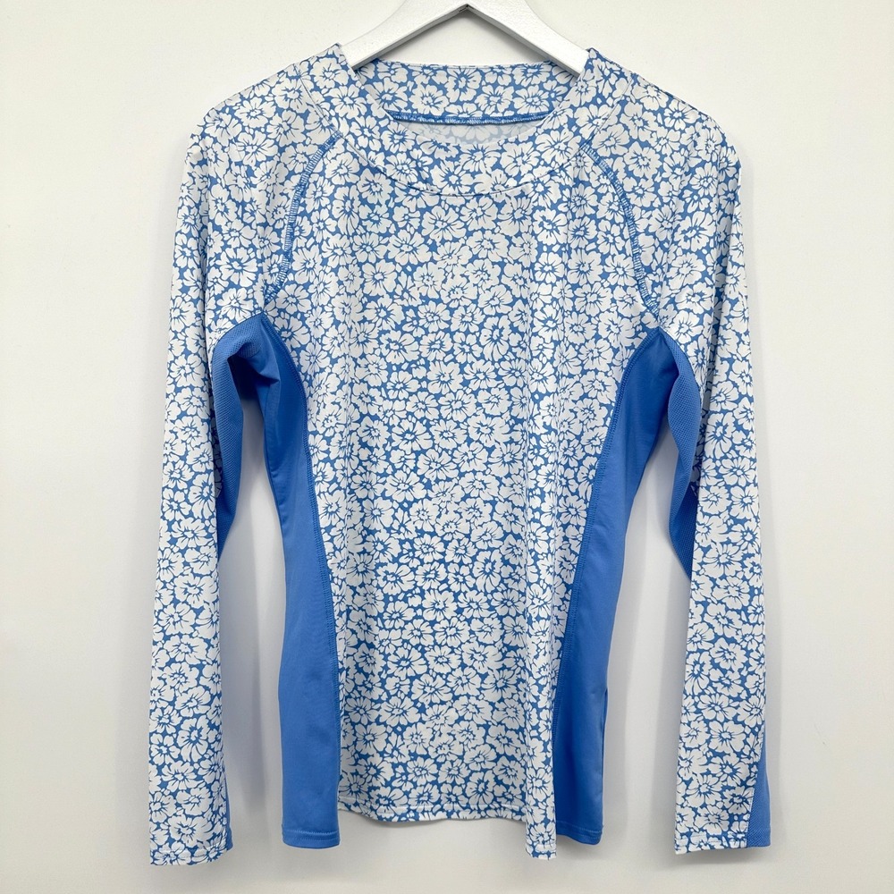 San Soleil Pullover Top Shirt Size Small UPF 50 Blue Floral Mesh Vents Golf‎